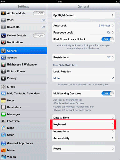 iOS Settings, General, Keyboard